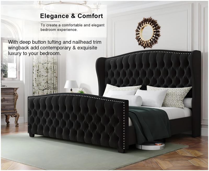 AMERLIFE Modern Bed Frame with Wingback Headboard, Velvet Upholstered Bed Frame with Handmade Button Tufted & Nailhead,Wooden Slats Support/Luxury Bedroom Furniture Design /Queen/King/California King Size/Best Gift Ideas/Christmas Gifts