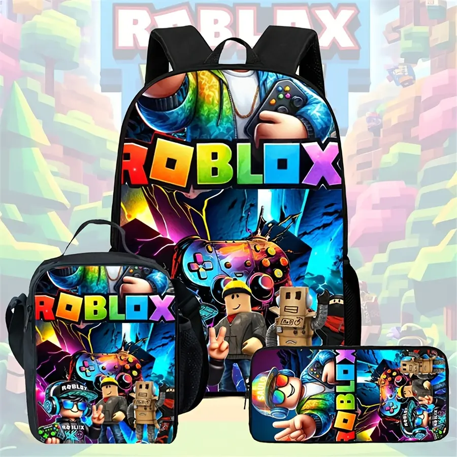 Kids Roblox Themed 3-Piece Back to School Haul Set - Oxford Cloth Adjustable Strap Boys Backpack, Game Characters & Controller Print Thermal Lunch Bag, Top-Handle Pencil Case with Side Umbrella Stow, School Supplies, Epic Roblox Adventure Vibe