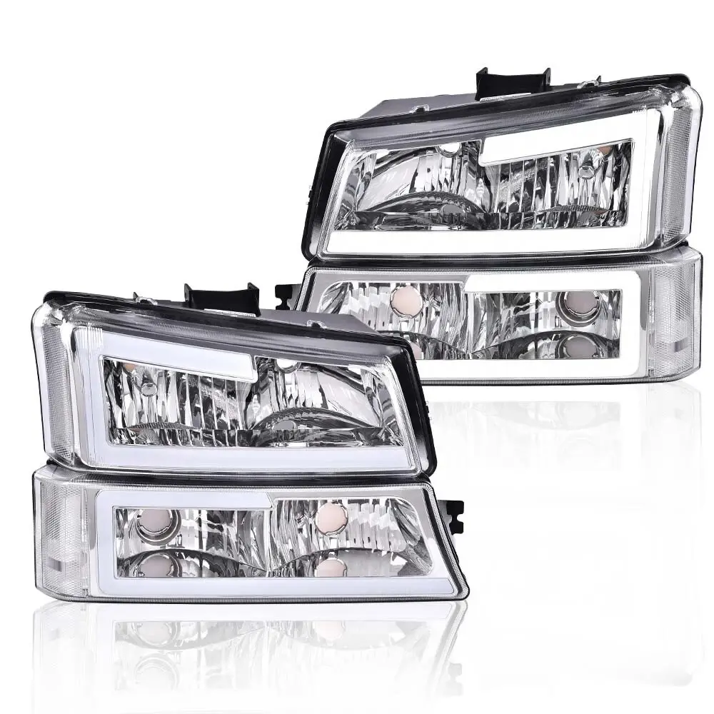G-PLUS LED DRL Projector Car Headlight Assembly Pair - Bolt-On, Show/Replace DRL Upgrade Kit, Driver & Passenger Side, Led Projector Glow Accessories for 2003-2007 Chevy Trucks Chevrolet Silverado & Avalanche