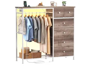 All-in-One Bedroom Organizer with LED Lights, 6 Drawer Fabric Dresser & Hanging Rack, Smart Storage Unit for Entryway & Living Room (8 Shades)