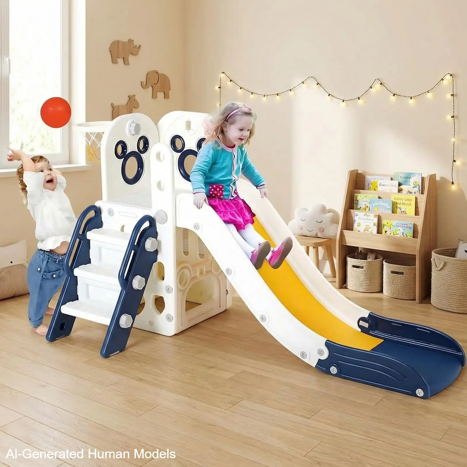 Arlopu Toddler Sturdy Slide with Climbing Frame, Storage Frame, Basketball Hoop, Suction Cup Reinforced Base, Suitable for Boys and Girls Cute Birthday Gift, Indoor, Outdoor, Nursery, homeessentials