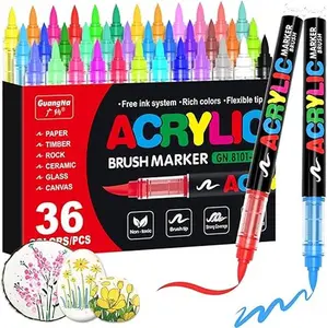36 Vibrant Colors Soft Brush Acrylic Paint Markers - Multi-Surface Paint Pens for Rock Painting, Canvas, Glass & DIY Crafts