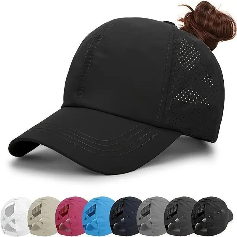 Women's 2-Pack Solid Trucker Hats - Adjustable High Ponytail Messy Bun Baseball Cap, Nylon Blend Quick-Drying Mesh Panels, High Crown Snapback, Black & Dark Gray Cooling Sun Protection Adjustable Streetwear Hat for Women, Hats For Women