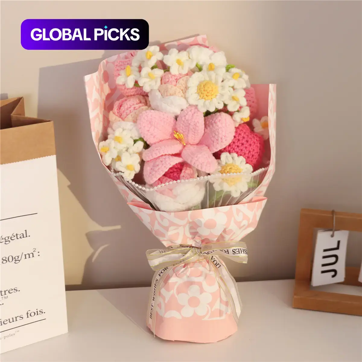 1 Bunch Handmade Knitted Crochet Flower Bouquet, Faux Flowers, Faux Floral Decor, Decorative Flower Bouquet, Graduation and Teacher's Day Gift, Room Decor Gift for Her, Ideal for Weddings, Birthdays and Mother's Day