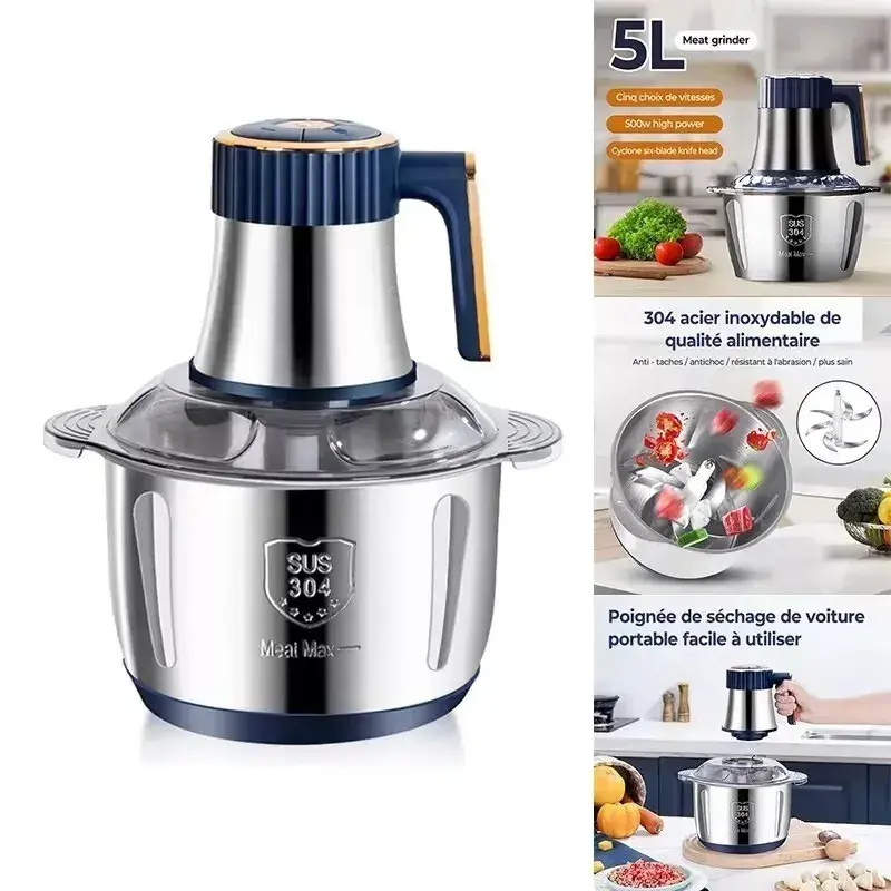 5L Metal Electric Meat Grinding Machine - Home Food Processor with Dual Functions, Carrot Garlic Chopper, Chopper Vegetable Cutter, Fruit Chopping Appliance, Sausage Maker, Dough Stirrer for Kitchen & Party Supplies