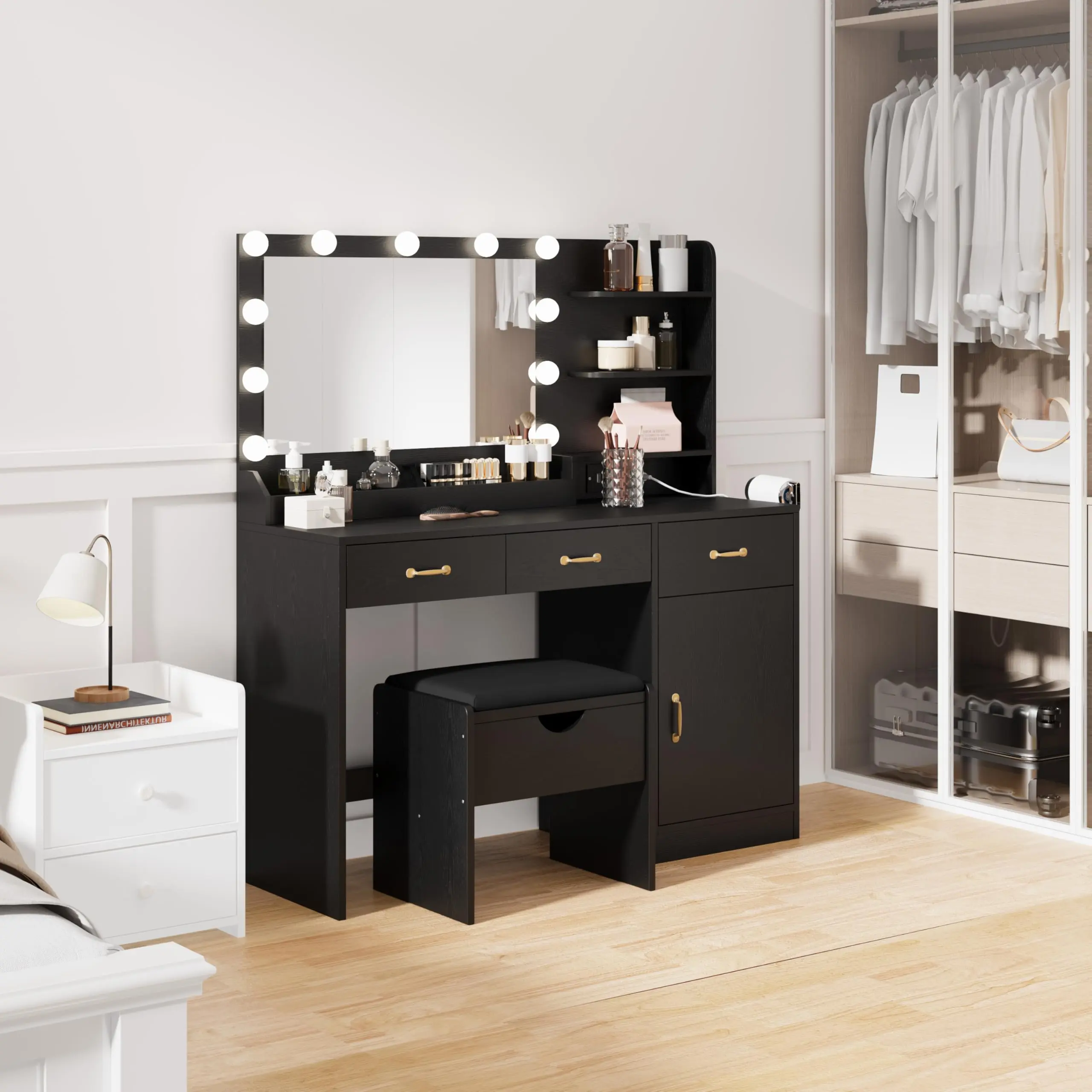 YJ-Garvee Vanity Desk Makeup Table with Mirror and 11 LED Lights, Power Outlet, 3 Drawers, and Storage Shelves - Modern Black Dressing Table for Bedroom