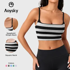 Aoysky Womens Striped Square Neck Sports Bras Spaghetti Straps Ribbed Padded Low Impact Yoga Workout Camisole