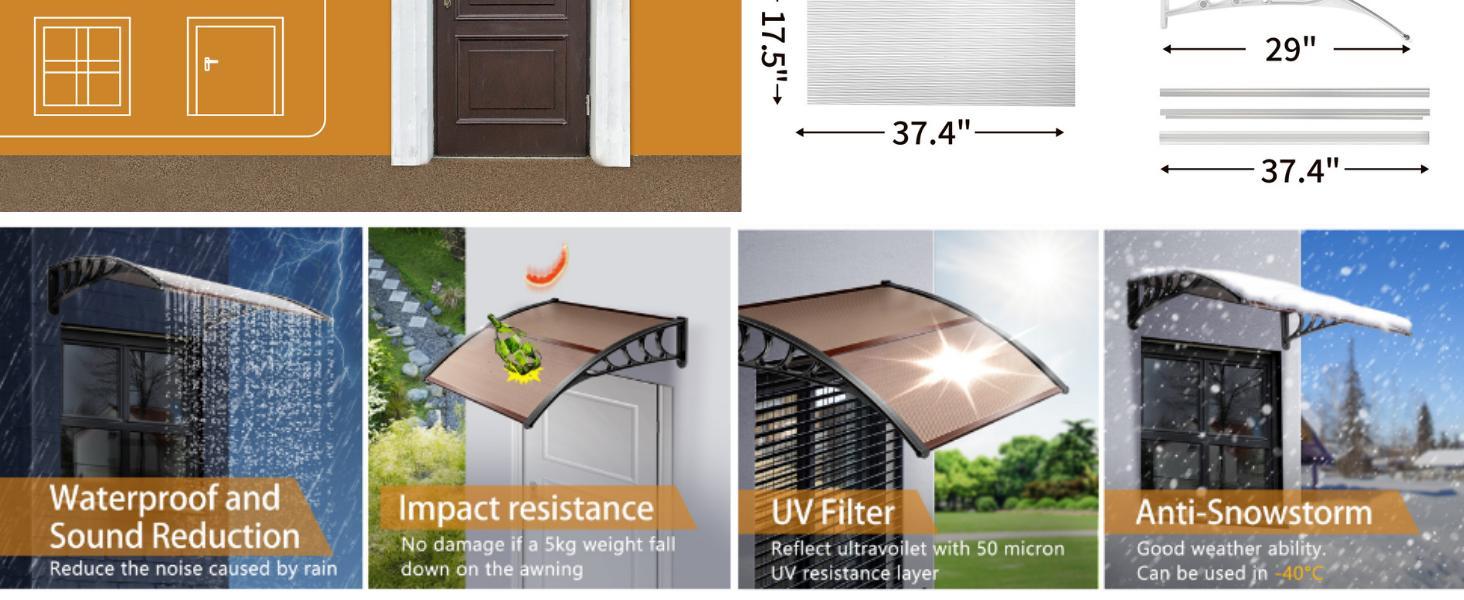 Ubesgoo Anti-UV Awning, Door Awning, UPS 50+Polycarbonate Cover Front Door Outdoor Patio Awning Anti-UV Rain Snow Sun Protection Hollow Core Panel Window, High Quality ABS and Polycarbonate Material