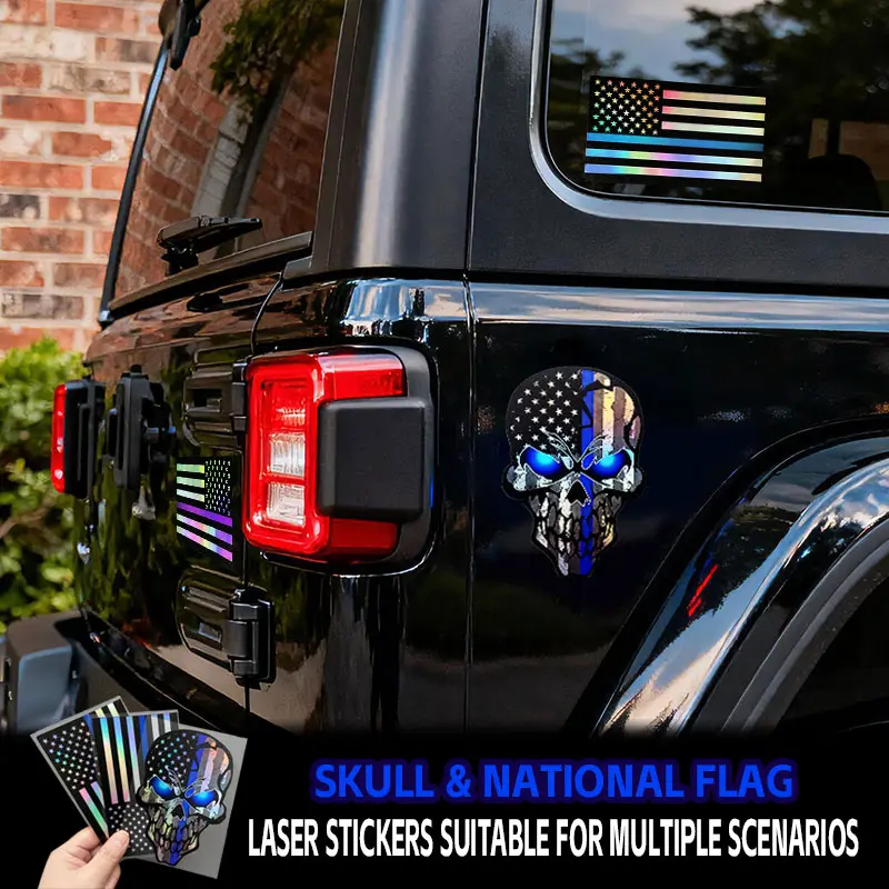 Reflective US Flag Decals with Thin Blue Line & Skull Honoring Police Law Enforcement for Cars Vans Trucks Laptops Skateboards Bikes Windows car gifts Spanish Inspirational  car sticker Automotive Accessories Premium Quality, Bicycles tiktokshopspringglow