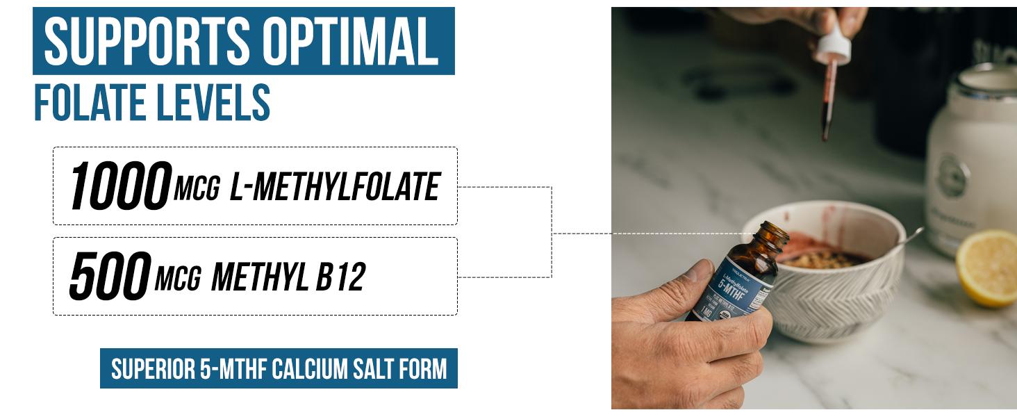 L- Methylfolate 15mg + B12 Pro Strength, Liquid 5-MTHF Form, Supports Mood, Methylation, & Cognition Supplement Energy Levels Vitamin Methylcobalamin