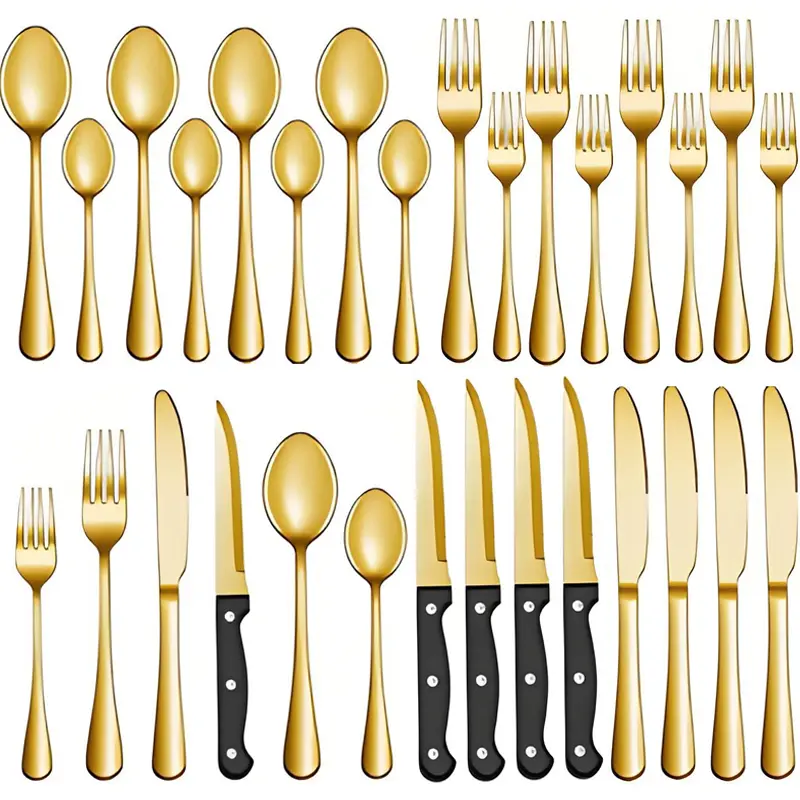 Classic Oval Handle Gold Stainless Steel Silverware Set - 24/48-Piece Tableware for 4/8, Includes Forks, Spoons, Steak Knives, Mirror Polished, Dishwasher Safe Cutlery for Home & Kitchen