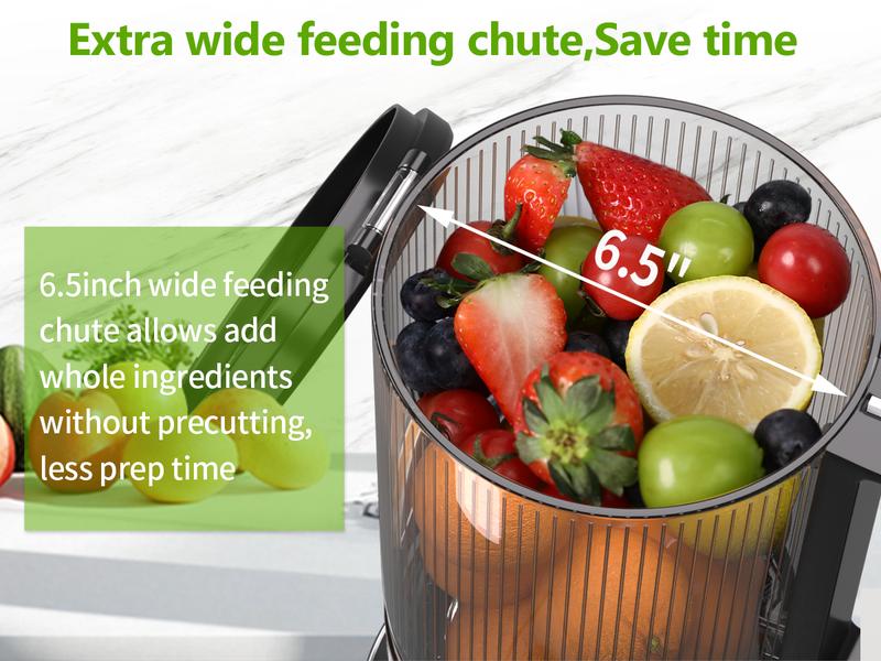 Cold Press Juicer, 6.5" Wide Feed Chute Juice Extractor Machine with Handle, High Juice Yield, 350W Professional Slow Masticating Juicer for Whole Vegetables & Fruits, Easy to Clean for Batch Juicing