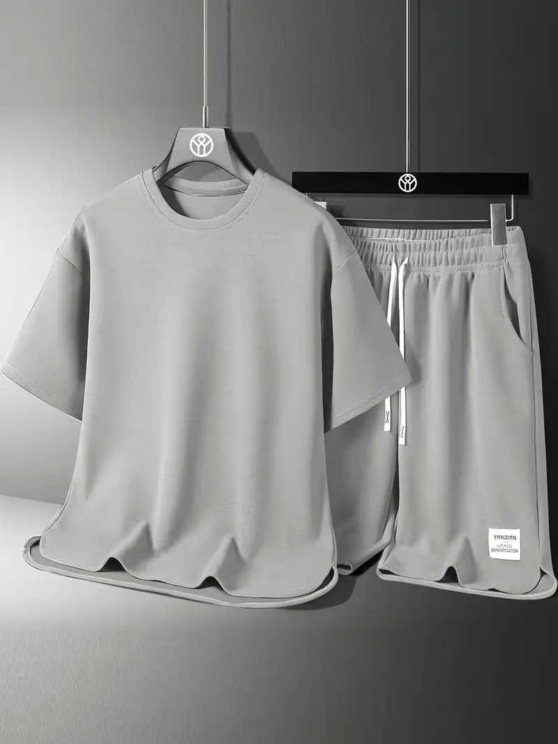 Men’s casual athletic set for summer: loose, breathable, quick dry design featuring a crew neck long sleeve T shirt and drawstring shorts; men’s waffle set suitable for weekend leisure.