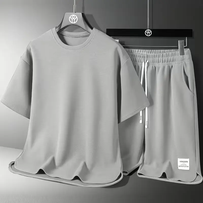 Men’s casual athletic set for summer: loose, breathable, quick dry design featuring a crew neck long sleeve T shirt and drawstring shorts; men’s waffle set suitable for weekend leisure.