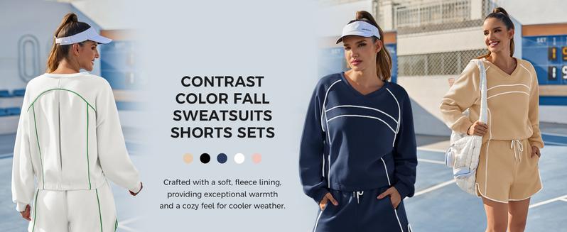 Fisoew Womens Sweatsuits 2 Piece Outfits V Neck Workout Set Fleece Sweatshirts Contrast High Waisted Shorts Casual Tracksuits Lounge Sets Fisoew Womens Sweatsuits 2 Piece Outfits V Neck Workout Set Fleece Sweatshirts Contrast High Waisted Shorts Casual Tracksuits Lounge Sets