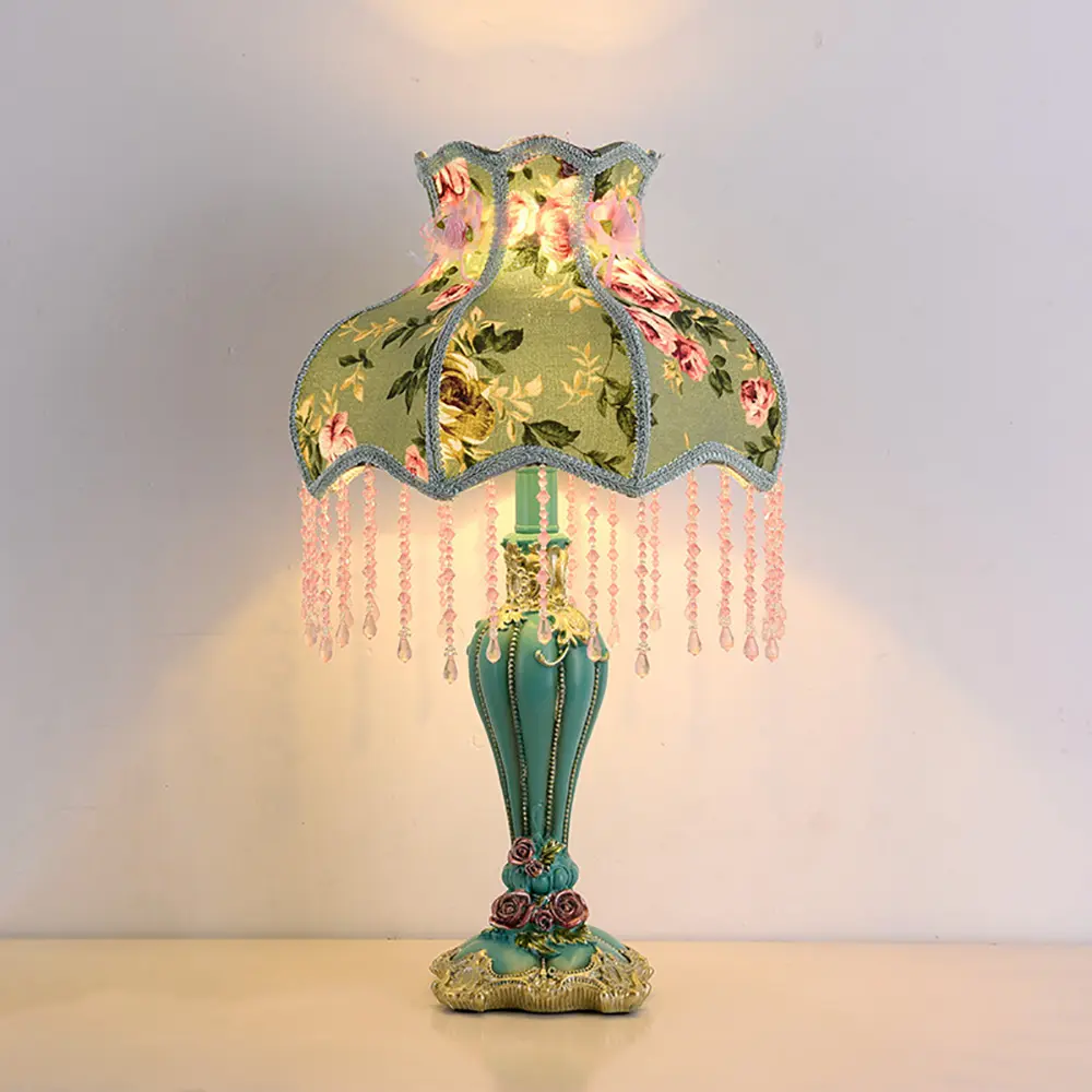 Aeyee Antique-Inspired Bead Table Lamp - Decorative Lights, Home Decoration with Floral Lamp Shade, 19.6"h x 12.9"w x 12.9"d, 40W Max Output, Soft Fabric Glow, LED/Incandescent Compatible, Green Bedroom Nightstand Ambient Lighting