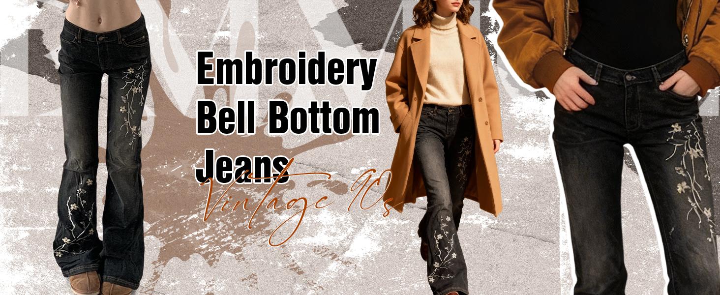 EMMIOL Women's Bell Bottom Jeans Stretchy Flare Mid Rise Embroidery Bell Bottom Vintage Denim Jeans 90s Outfits Y2k Clothes