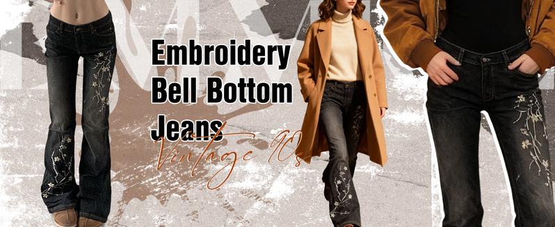 EMMIOL Women's Bell Bottom Jeans Stretchy Flare Mid Rise Embroidery Bell Bottom Vintage Denim Jeans 90s Outfits Y2k Clothes