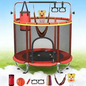60" Kids Trampoline with Safety Net, Swing & Basketball Hoop, Indoor Outdoor Toddler Trampoline with Adjustable Gym Bar, Fun Activity Toy for Boys Girls
