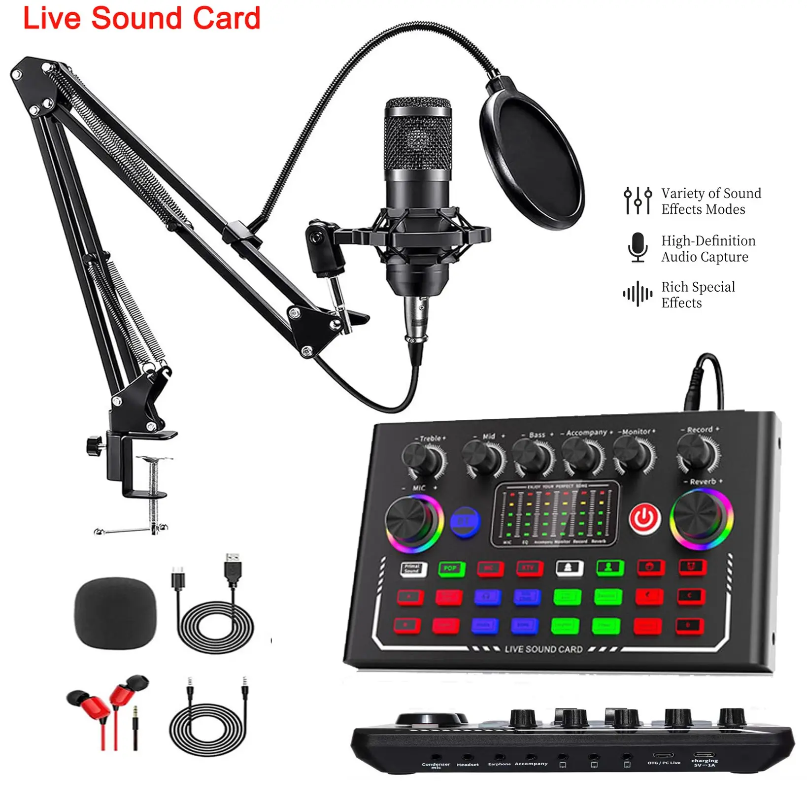 F009 Podcast Microphone Bundle, Condenser Mic with Live Sound Card & Voice Changer, Professional Audio Interface Kit with DJ Mixer Effects for PS4 PS5 Karaoke TikTok YouTube Live Streaming Gaming Recording