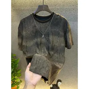 Summer New Luxury Men's Starry Sky Short Sleeve T-Shirt Trendy Sequin Gradient Distressed Crew Neck Top