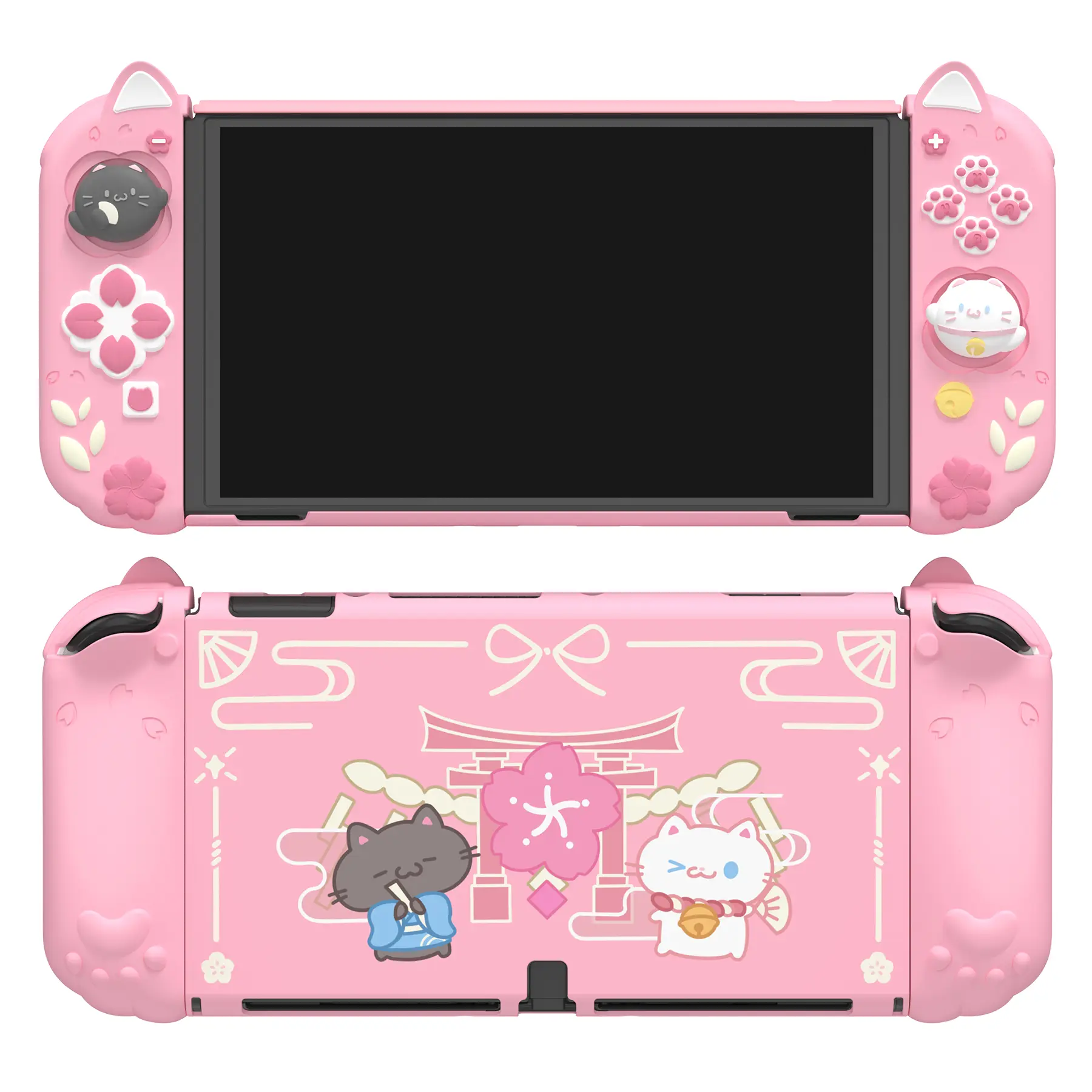 PlayVital Dockable Hard Shell Protective Cover for Nintendo Switch OLED (2021 Version) Handheld Console - Cherry Blossoms Kitten Design, Thumb Grips, Extra Stand, Game Console Accessory for PS5 Controller