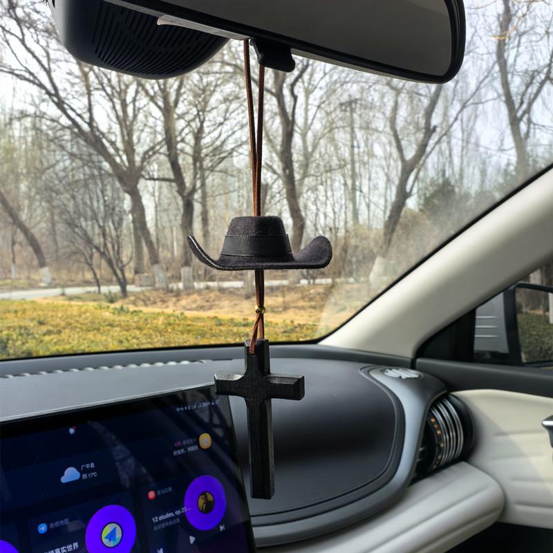 Cross Cowboy Hat Car Ornament - Inspirational Western Themed Hanging Auto Accessory