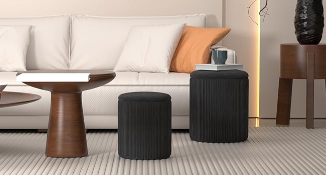 Round Ottoman Vanity Stool with Storage Set of 2, Beige Velvet Round Ottoman with Storage, Multifunctional Round Storage Ottoman Foot Rest, Storage Ottoman Round with Storage for Living Room