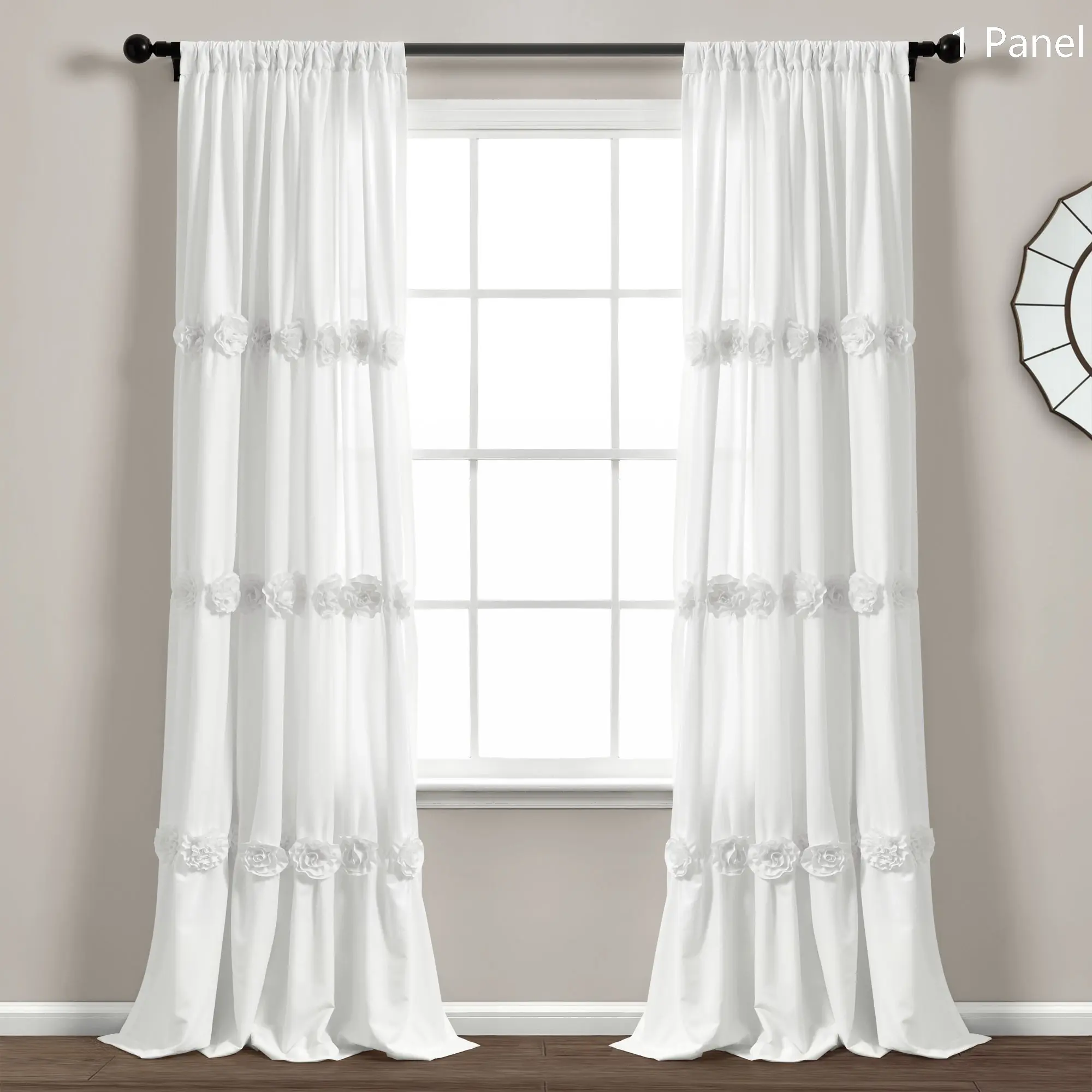 Lush Decor Darla Window Curtain (Single Panel) - Sold Individually - Craft Flower Ruched Ruffles Microfiber 40 Inches Wide Light Filtering Privacy Curtains
