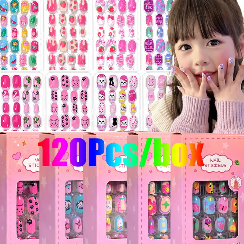 120Pcs/Box Cartoon Gril Princess Children Press On Nails 6-14Years Kawaii Cat/Flowers/Rainbow Nail Tips With Jelly Gel Girl Gift