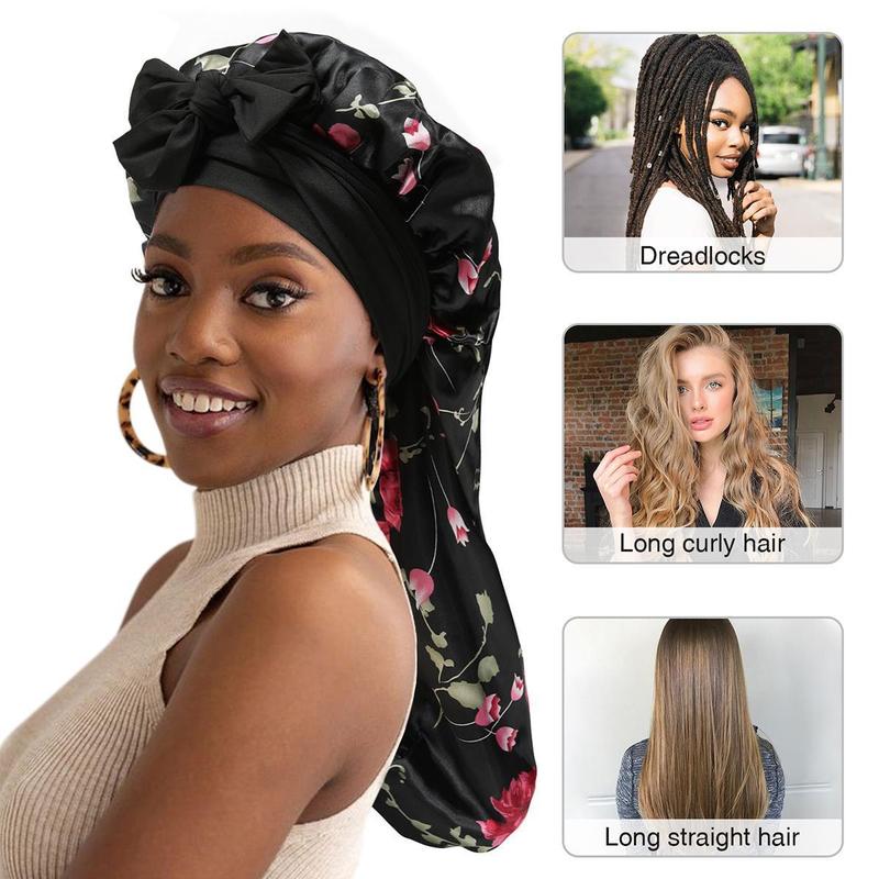 Printed Solid Double-Layer Long Satin Bonnet Sleep Cap Adjustable Care Night Sleeping Cap for Women Braids Curly Hair Wrap for Bonnets with Tie Band