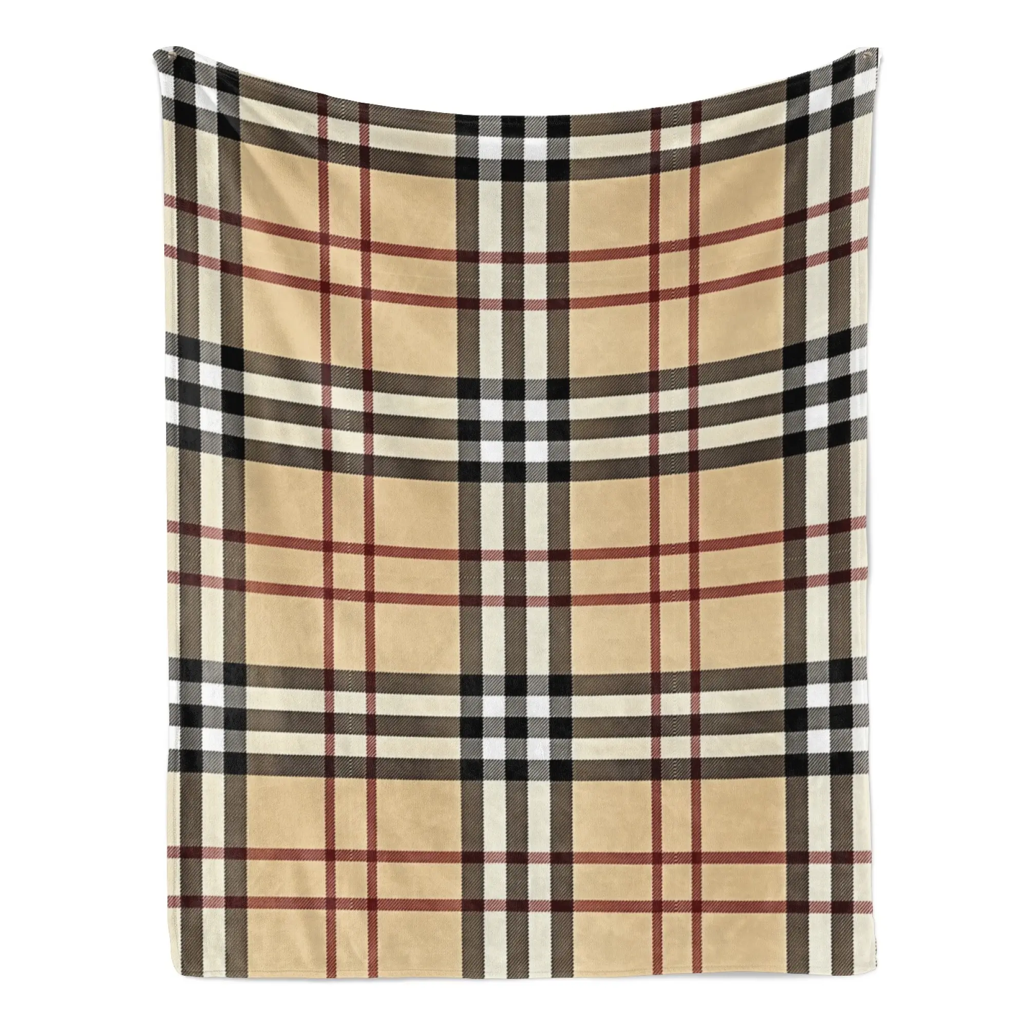 Classic Plaid Pattern Blanket Timeless Design Warm Beige Brown Red Black Checkered Motifs Sleek Versatile Style Ideal for Cozy Home Decor