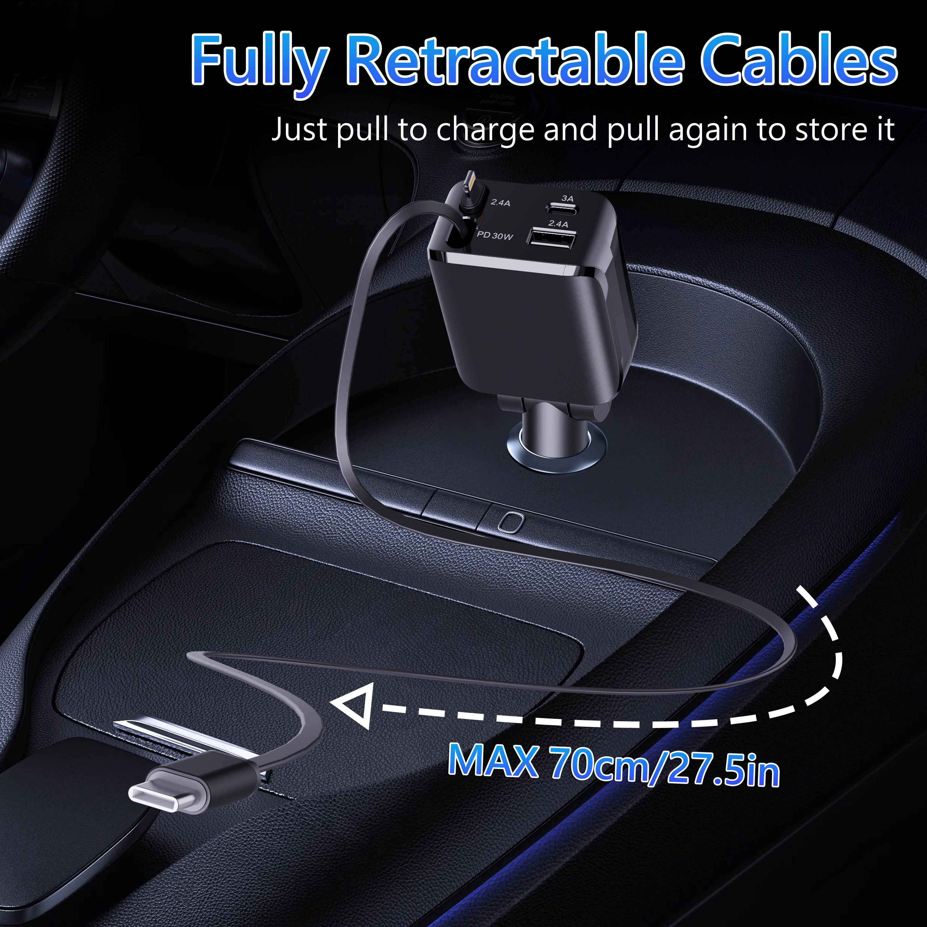 4-in-1 Retractable Car Charger, 60W USB-C Fast Car Phone Charger with Auto-Retractable Cables & Dual Ports, for iPhone, Galaxy S Series, iPad, AirPods & More