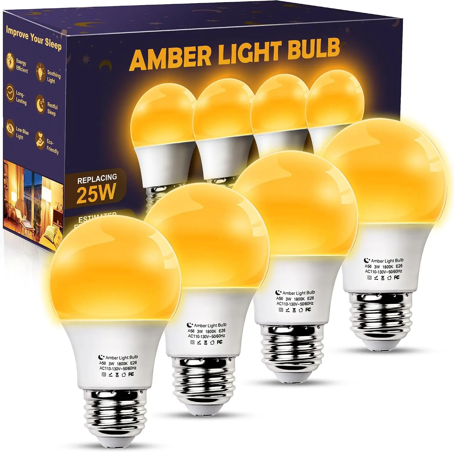 A15 Amber Sleep Aid Light Bulbs, 1800K Soft Warm Lighting, 4 Pack |   3W E26 Dim Light Bulb for Bedside Lamp, Blue Light Blocking, Healthy Sleep, Cozy Atmosphere, Energy Saving, Bedroom, Nursery