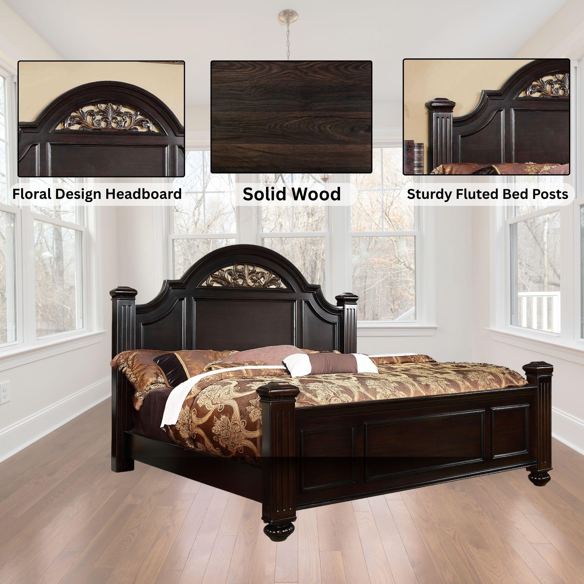 Syracuse Traditional Panel Bed with Carved Floral Accents, Fluted Posts & Wood Veneer Frame – Available in Dark Walnut or Gray – By FOA Syracuse Traditional Panel Bed with Carved Floral Accents, Fluted Posts & Wood Veneer Frame – Available in Dark Walnut or Gray – By FOA
