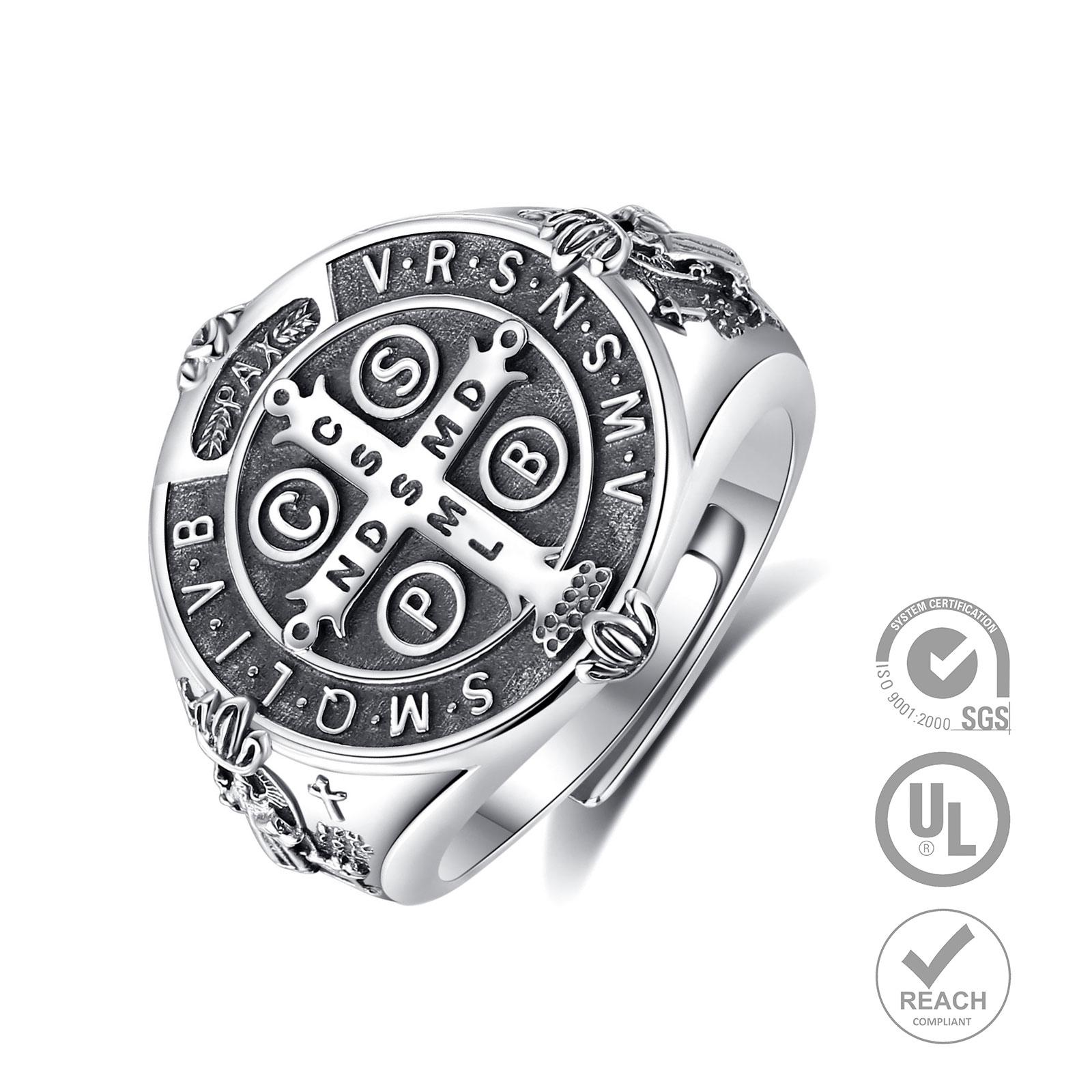 Eudora S925 Sliver Vintage Saint Benedict Ring, Adjustable St.Benedict Open Ring, Unisex Band with Benedictine Cross & Latin Inscriptions, Christian Jewelry Gift