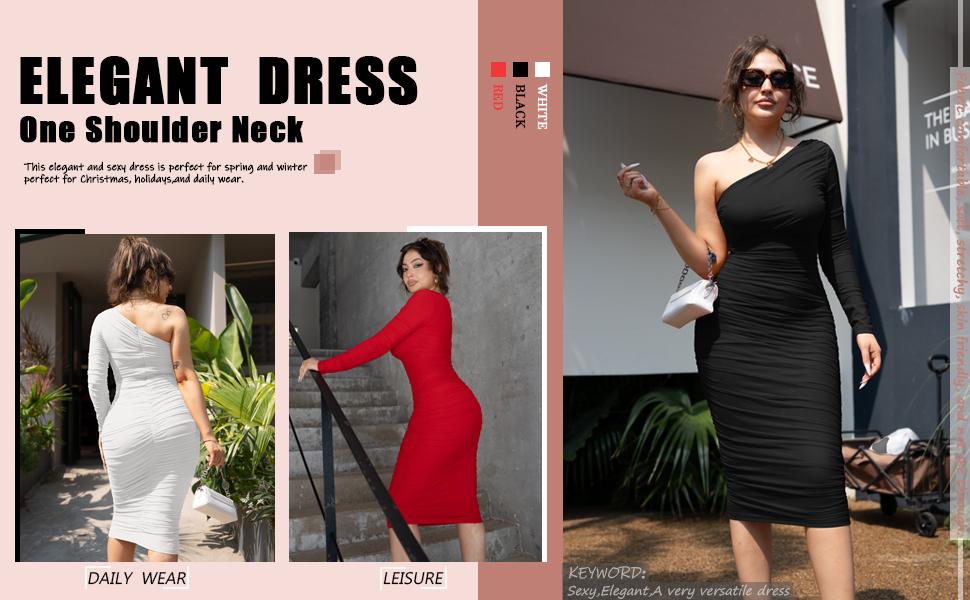 OYS Women's Elegant Bodycon One Shoulder Long Sleeve Ruched Midi Cocktail Party Dress