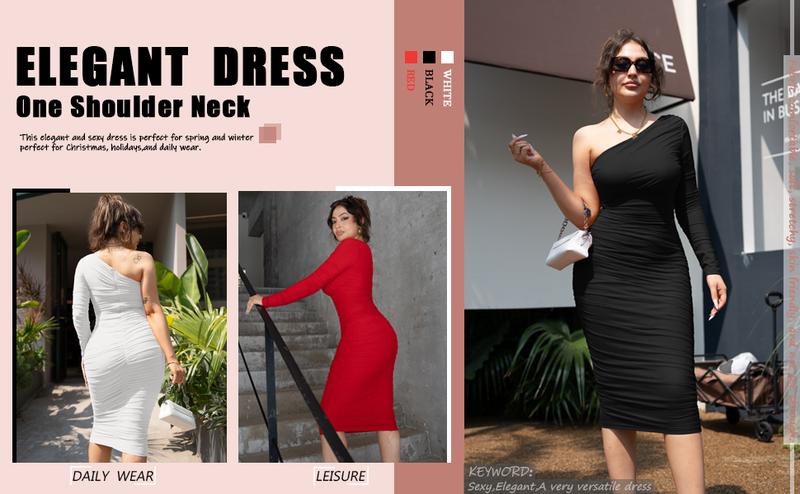 OYS Women's Elegant Bodycon One Shoulder Long Sleeve Ruched Midi Cocktail Party Dress