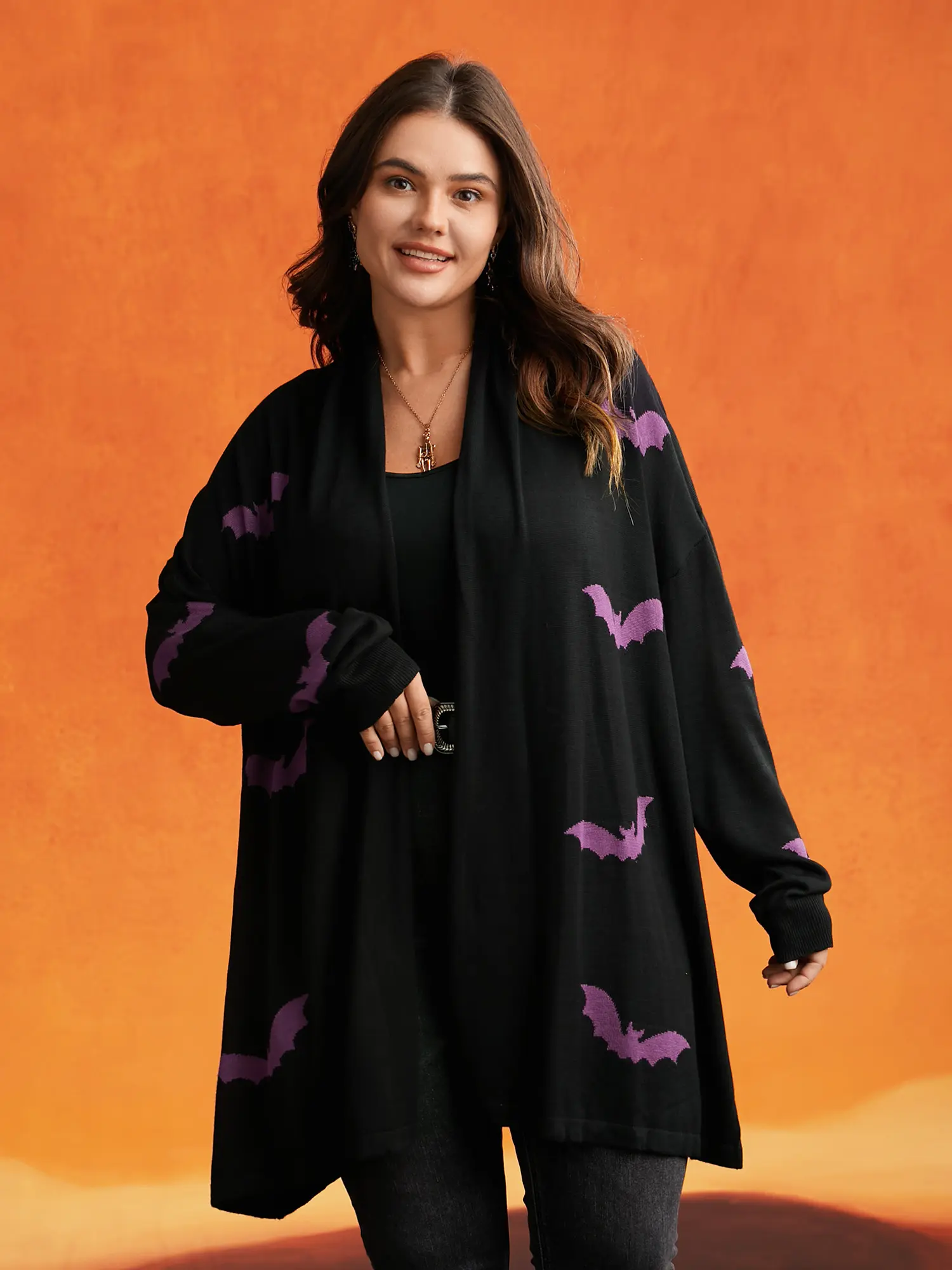 BloomChic Plus Size Women's Knit Cardigan - Goth Bat Print Open Front Sweater, Soft Rayon Long Sleeve Layering Top, Casual Alternative Clothing,Summerfinds', Tops, Alt Clothing Women, Goth Clothes, Knitting, Knitwear, Fit, Drape, Loose, Longsleeves