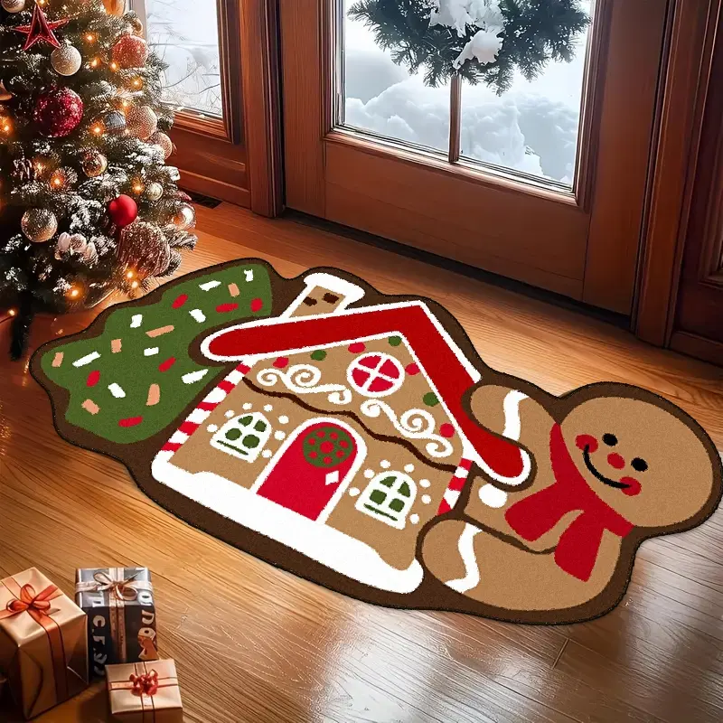 Christmas rug, Festive, gingerbread house shaped rug, living room bedroom rug, Christmas atmosphere home mat, soft non-slip bottom welcome mat, suitable for living room, kitchen and indoor and outdoor entrance, indoor multi-purpose area decoration, holid