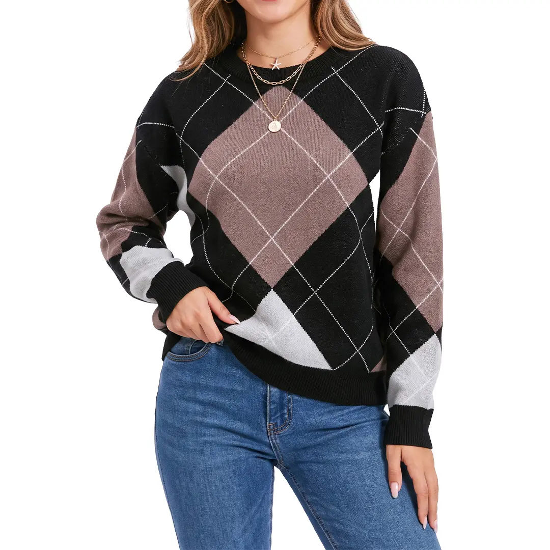 Shewin Argyle Plaid Sweater for Women, Casual Minimalist Drop Shoulder Knit with Ribbed Cuffs in a Viscose Polyester Blend Fabric, Knitwear, Lightweight, Simple, Breathable