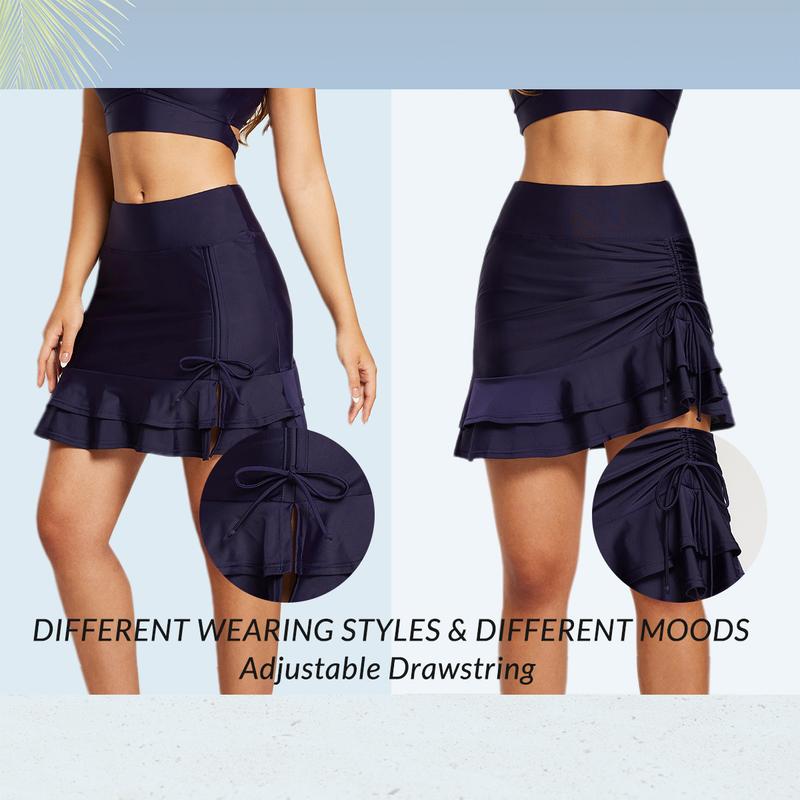 baleaf Women's High Waisted Adjustable Drawstring Ruffle Swim Skirt Bottoms Modest Tummy Control Swim Skort with Pocket Liner