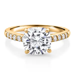 Gem Stone King 10K Yellow Gold 8MM Cushion Cut Moissanite and White Lab Grown Diamond Engagement Ring For Women | 2.60 Cttw