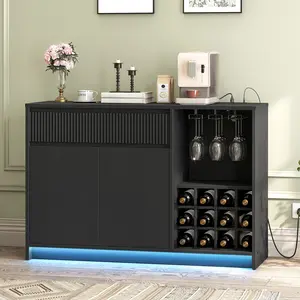 HOOBRO 47.2" Bar Cabinet with LED Lighting and Charging Station, Sideboard with Wine Glass Holder and 12 Wine Cubes, Coffee Bar with Drawer and Cabinet, Adjustable Shelf, for Kitchen, Dining Room, Black#SpringSale #BigSpringSale