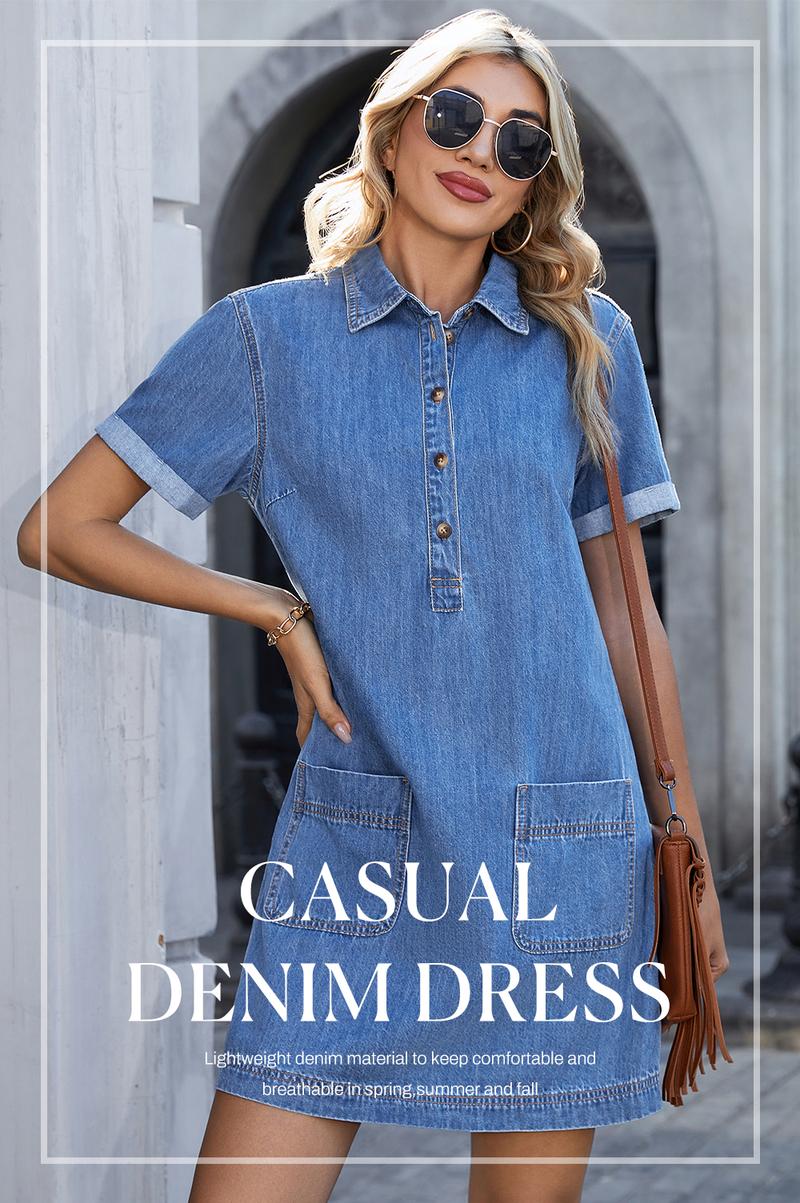 Sidefeel Women's Denim Dress Short-Sleeve Henley Neck Casual Denim Dress with Pockets