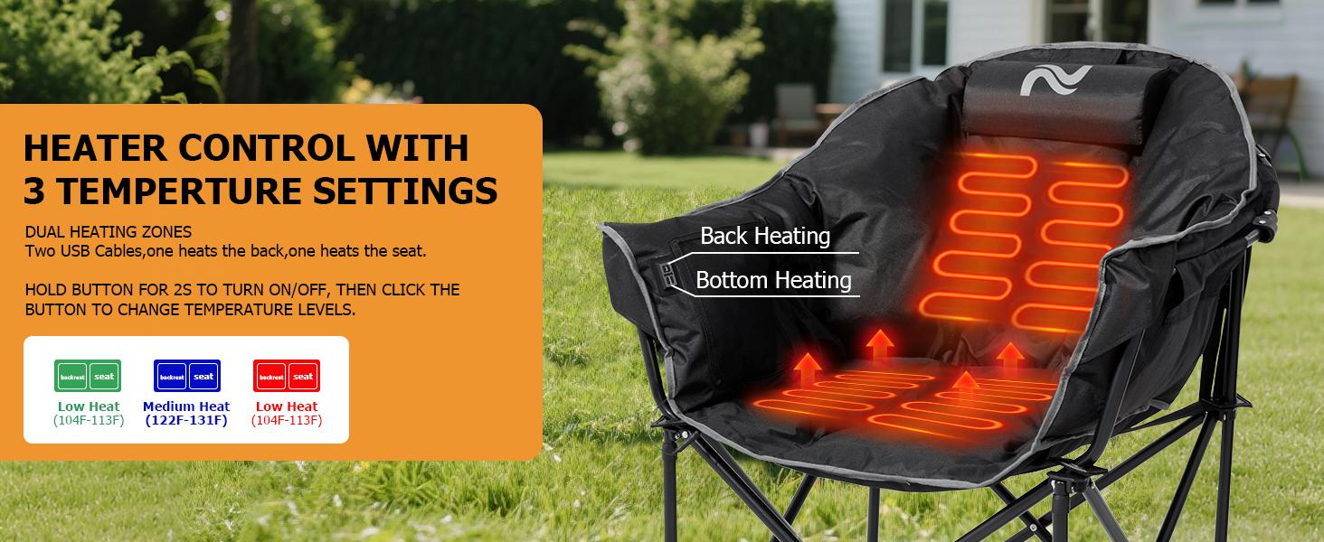 SLSY Oversized Heated Camping Chair Portable Patio Lounge Chairs with 3 Heat Levels, Folding Moon Saucer Chair for Outdoors & Camping【No Battery Included 】