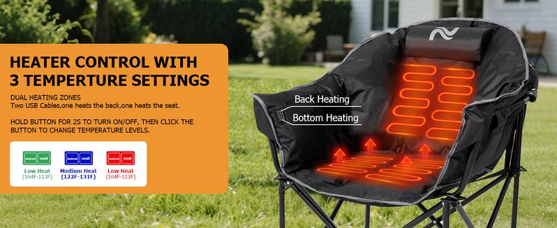 SLSY Oversized Heated Camping Chair Portable Patio Lounge Chairs with 3 Heat Levels, Folding Moon Saucer Chair for Outdoors & Camping【No Battery Included 】