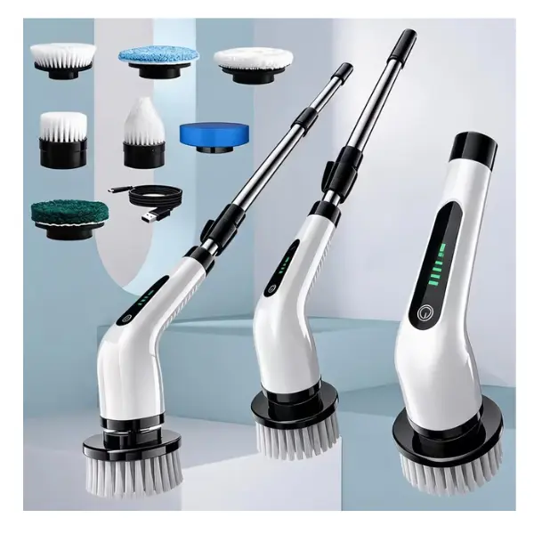 Cordless Rechargeable Electric Spin Scrubber with 2-Speed, 7 Replaceable Brush Heads, 2900mAh, Extensible Detachable Handle, LCD Display, Multi-Surface for Bathroom, Kitchen Cleaning