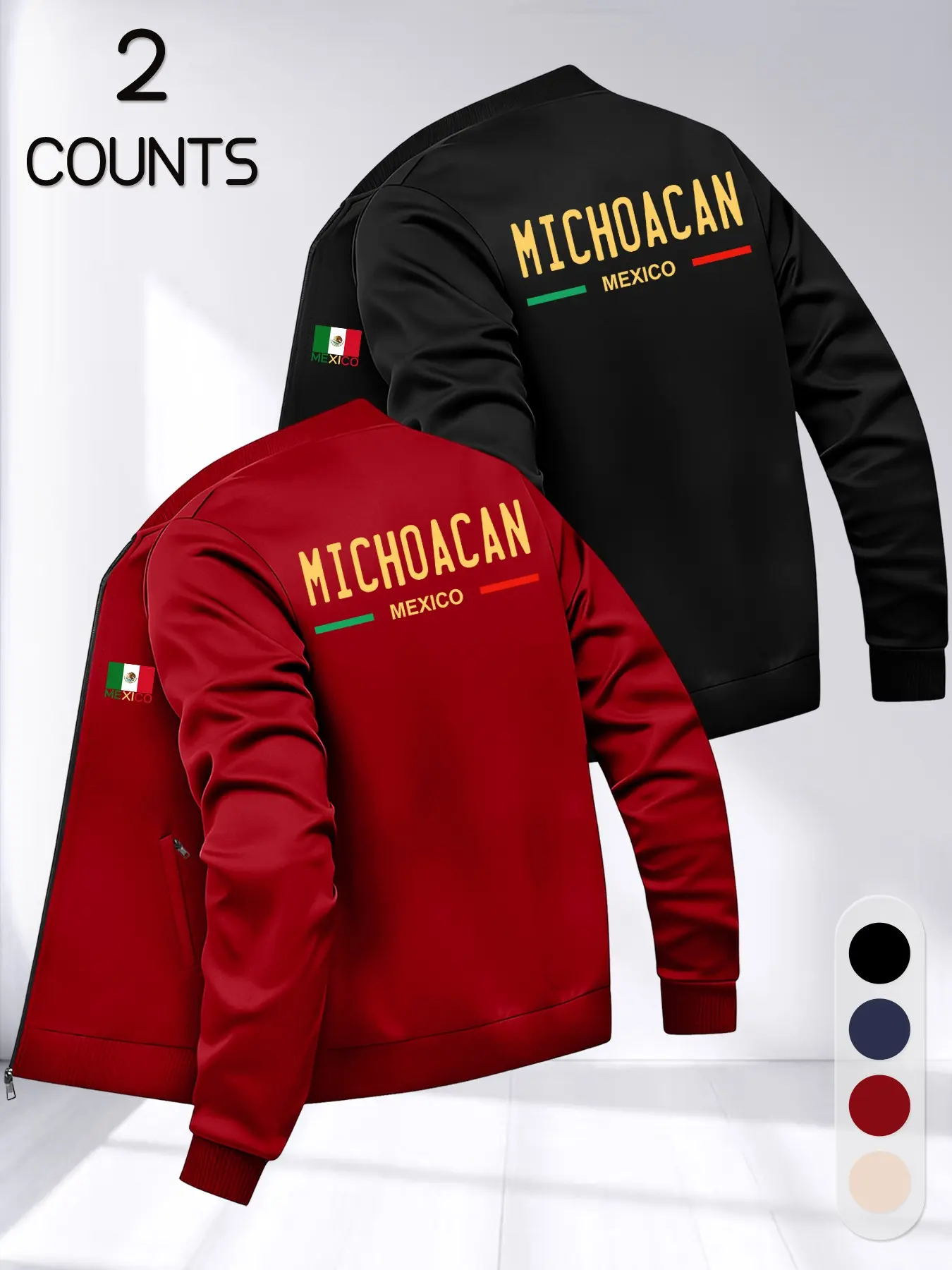 2-Pack Mexican Style Men's Baseball Neck Jacket, Michoacan Print Casual Zip Pocket Coat, Lightweight Spring Summer Outerwear
