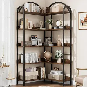 5 Tier Arched Corner Bookshelf, 68.5" Tall L Shaped Multi-Layer Large Bookcase,  Ideal for Living Room, Bedroom, Studyroom, Office, Retro
